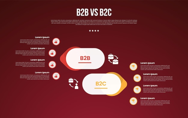 B2B vs B2C business infographic for comparison data or versus with round rectangle and arrow opposite direction with modern dark gradient style background for slide presentation