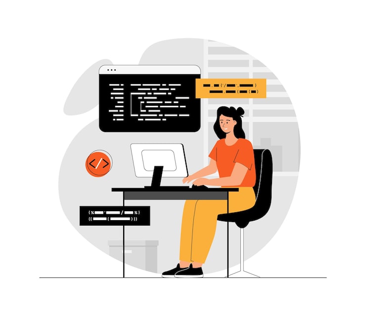 Vektor backend development and programming woman developer coding and making program information technolo