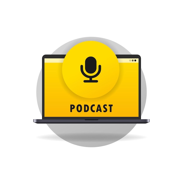 badge microphone for podcast and laptop computer. laptop with microphone icon on the screen. 