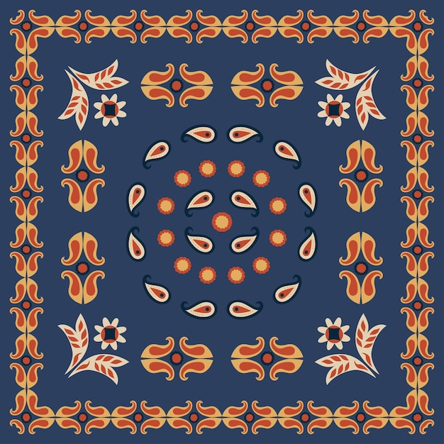 Bandana print paisley ornament Dark background handkerchief geometric interwoven pattern Hand drawn