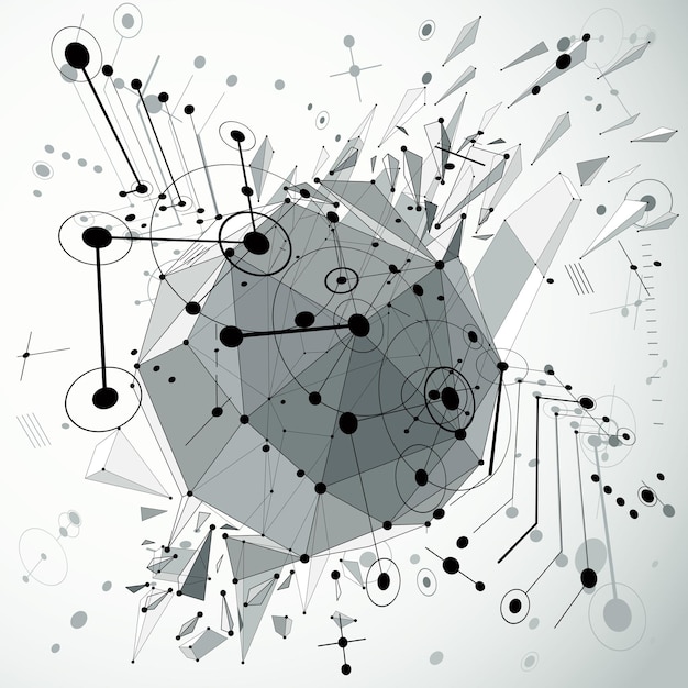 Bauhaus wallpaper with low poly design elements, perspective black and white vector background made using wireframe and circles. Geometric graphic illustration can be used as booklet cover design.