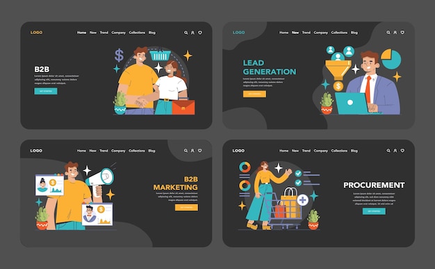Bb commerce dark or night mode web or landing set business characters doing business in online