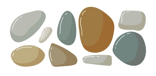 Beach pebbles set. Various shapes different colors. Vector Modern illustration isolated on white