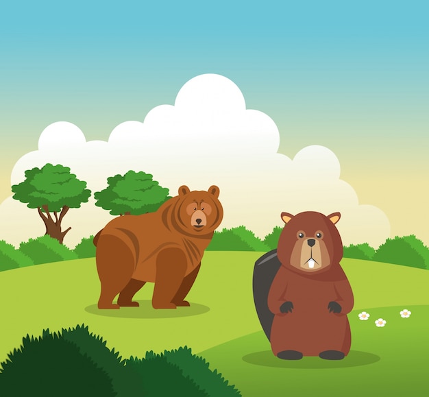 bear and beaver cartoon over landscape background