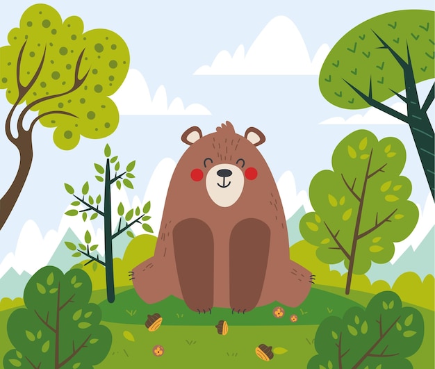 bear character sitting on meadow in forest wood composition flat cartoon graphic design