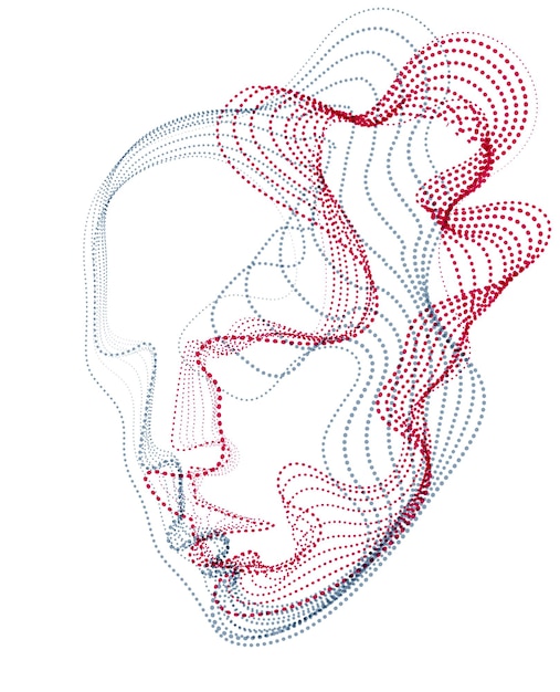 beautiful futuristic illustration of human head made of dotted particles flow array, wavy shapes lines vector electronic soul of futuristic smart machines.