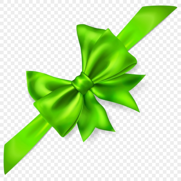Beautiful green bow with diagonally ribbon with shadow isolated on transparent background