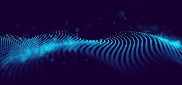 Beautiful vector abstract background of flying particles in motion, wavy lines flow big data technology and science theme, 3D dots array flowing in motion, nanotechnology.