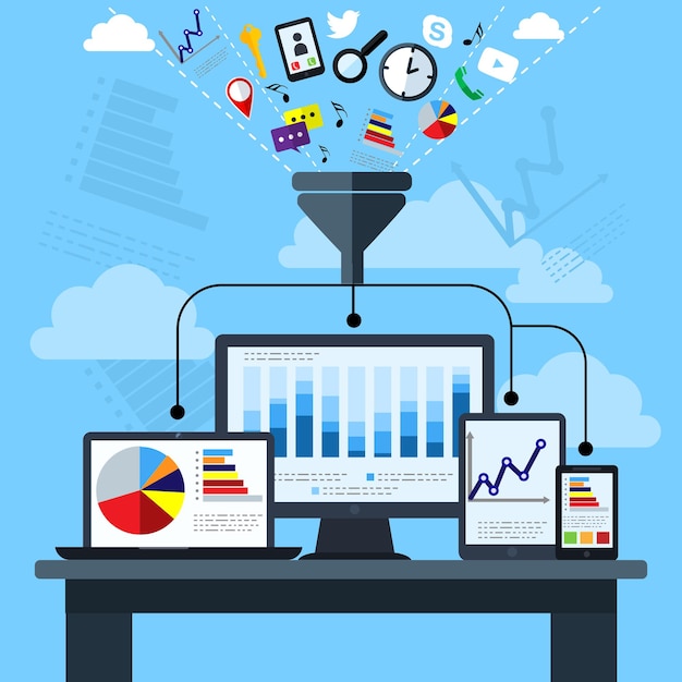 Big data analysis flat icon creative concept illustration, laptop, personal computer, information, on blue background, for posters and banners