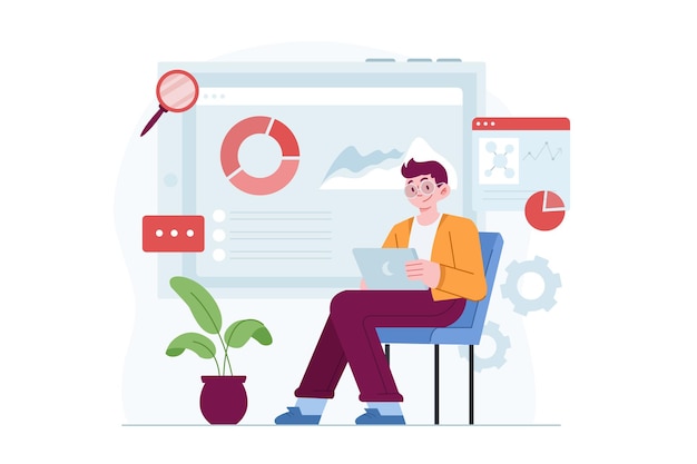 Big Data analyst concept with man analyze the graph and governance document Flat Illustration idea