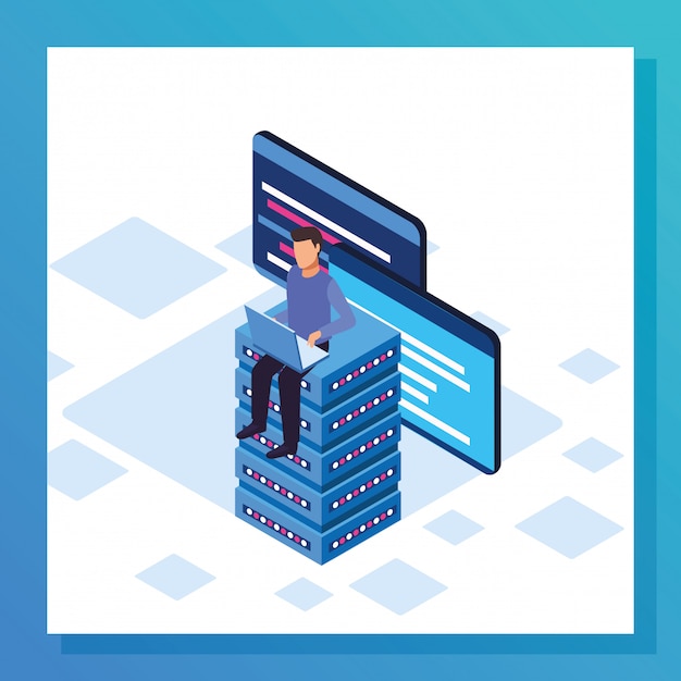 big data colorful design with man sitting on data servers, colorful design