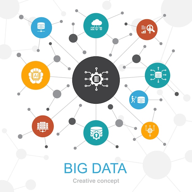 Big data trendy web concept with icons Contains such icons as Database Artificial intelligence User behavior Data center