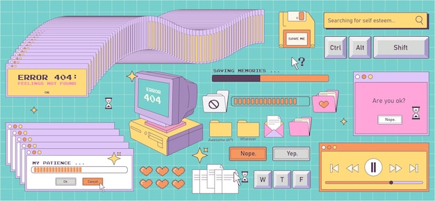 big sticker collection in trendy retro y2k style old computer aestheticretro user interface
