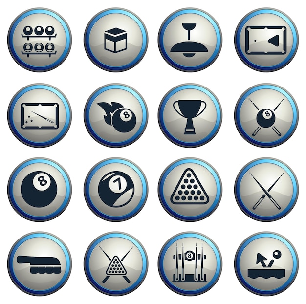 Billiards dark icons on gray round buttons