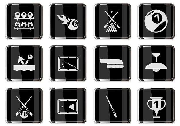 Billiards pictograms in black chrome buttons. icon set for your design. vector icons