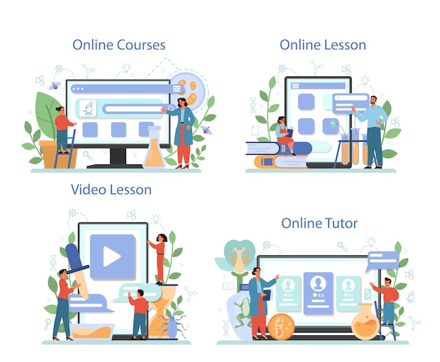 biology school subject online service or platform set. scientist exploring human and nature. anatomy and botany lesson. online course, tututor, lesson.   