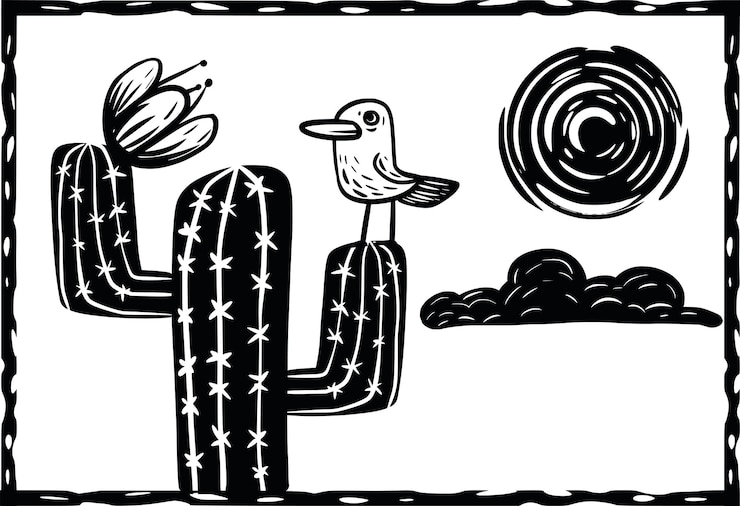 Vektor bird perched on a cactus woodcut style with separate vectors