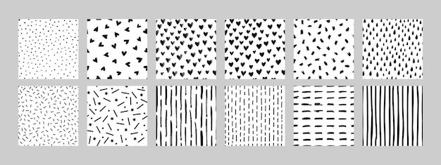 Black and white doodle seamless pattern set
