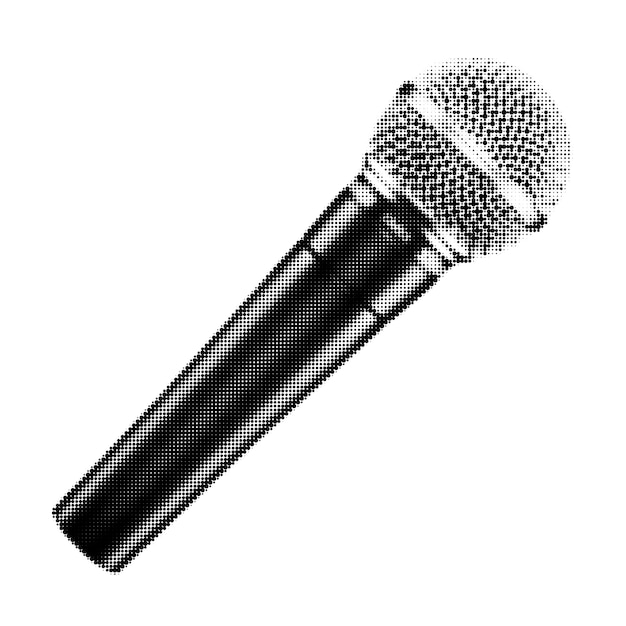 Black and white halftone vector illustration of a microphone The minimalist design emphasizes sound technology perfect for audio music and podcastrelated projects