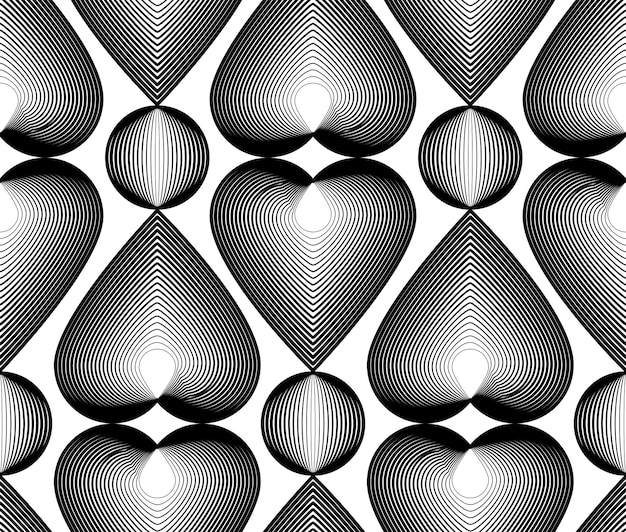 Black and white illusive abstract seamless pattern with stripy loving hearts. Vector symmetric simple backdrop.