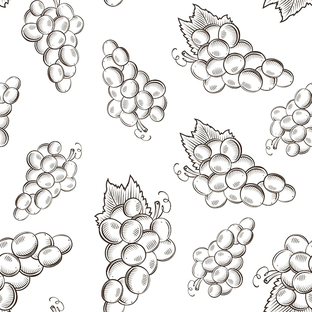 Black and white seamless pattern with bunches of grapes in vintage style
