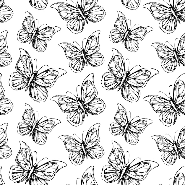 Black and white seamless vector pattern with butterflies hand drawn graphic of a butterflyseamless