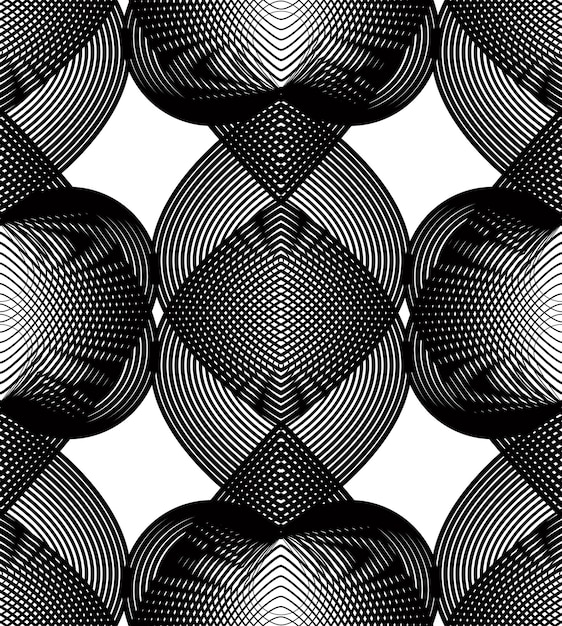 Black and white vector ornamental pattern, seamless art background decorated with monochrome lines, best for graphic and web design. Endless ornate, kaleidoscope effect.