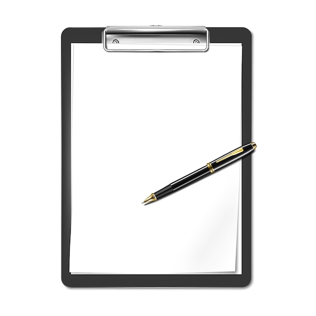 Black clipboard with attached blank white paper sheets and ballpoint pen vector mockup for design