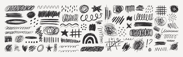 Black crayon pencil scribble textures and shapes childrens charcoal hand drawn doodle scratches