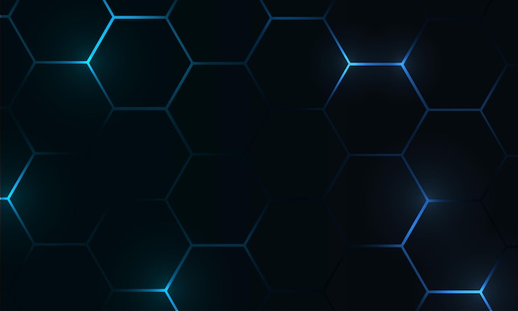 Vektor black hexagon gaming tech abstract vector background with blue colored bright energy flashes