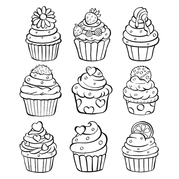 Black line set of nine cupcakes on white background Hand drawn cartoon style Doodle for coloring