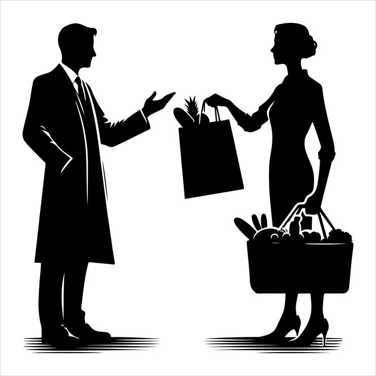 Vektor black silhouette of a grocer weighing products on a white background