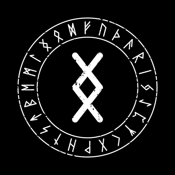Vektor black square background with the ingwaz rune in a magic circle