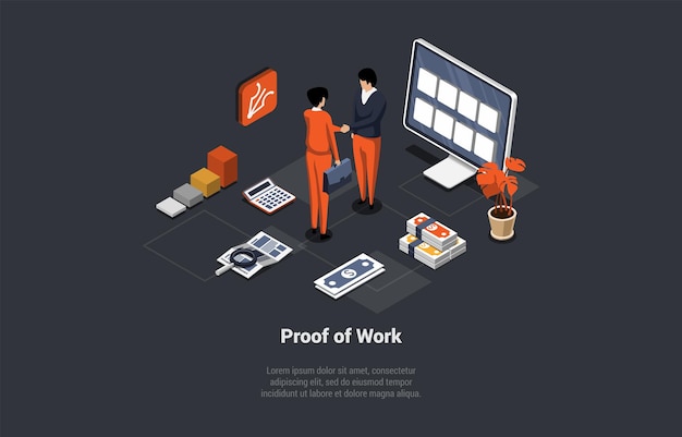 Blockchain Technology Proof Of Work PoW Systems Offer Shortcut Computations That Allow Participants Who Know Secret Man And Woman Have Made Successful Deal Isometric 3d Cartoon Vector Illustration