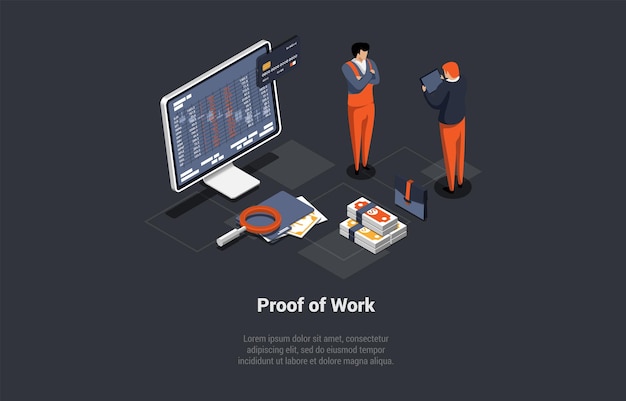 Blockchain Technology Proof Of Work PoW Systems Offer Shortcut Computations That Allow Participants Who Know Secret Two Businessmen Made Successful Deal Isometric 3d Cartoon Vector Illustration