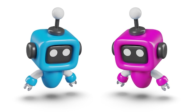 Blue and pink mini bots are looking down Set of cute droids for AI concepts game scenes ads
