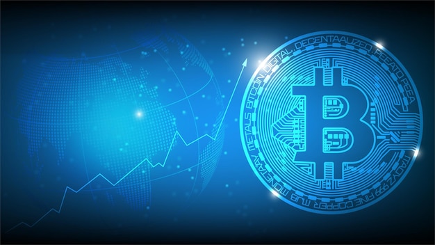 Blue futuristic abstract technology background with Bitcoin and blockchain concept.