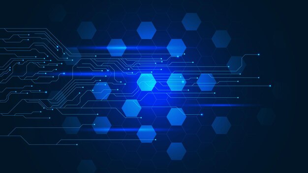 Blue hexagons with electronic circuit board Digital technology global network connection