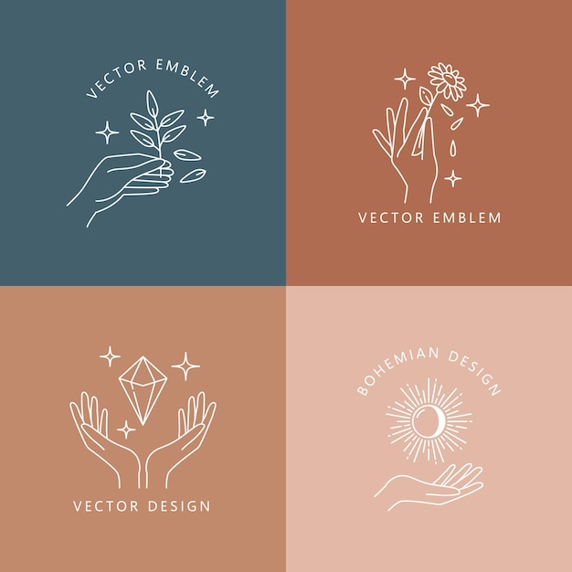 boho plant sun flower gem and twig line icons