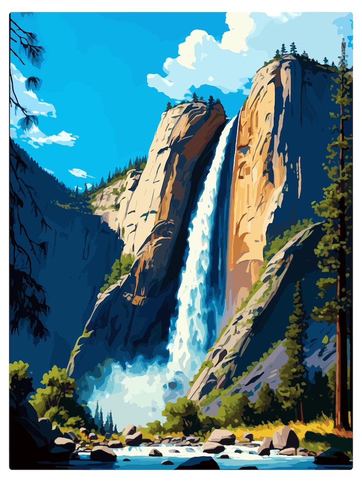 Vektor bridalveil falls california vintage travel poster souvenir postcard portrait painting illustration