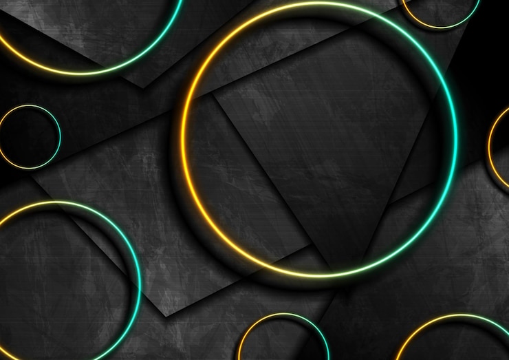 Vektor bright neon glowing rings on dark grunge background