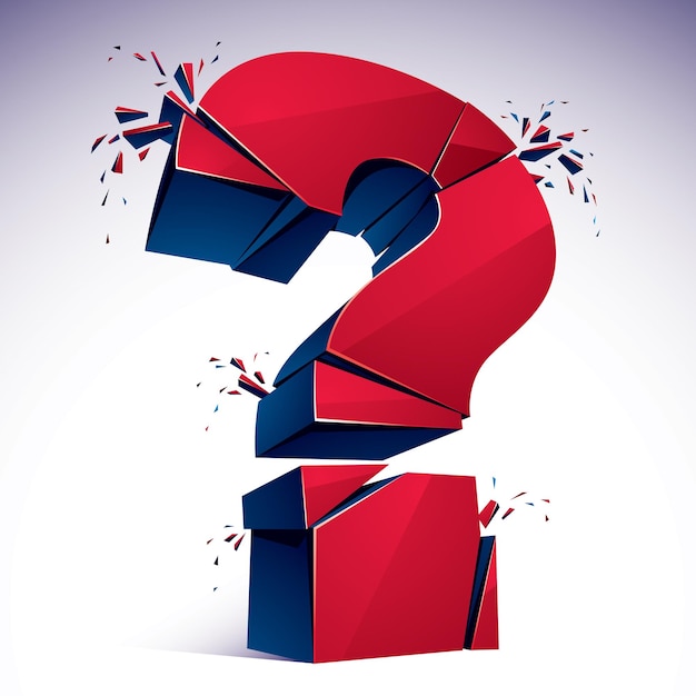 Broken Question Mark exploding, Query breaking to pieces, vector 3d realistic illustration. Special character conceptual symbol, doubt, difficulty, FAQ and support concept.