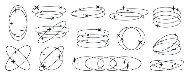 Brutalist ellipse frames Abstract y2k oval shapes with stars and sparkles old school Y2K frames flat vector illustration set Minimalist brutalism aesthetic elements