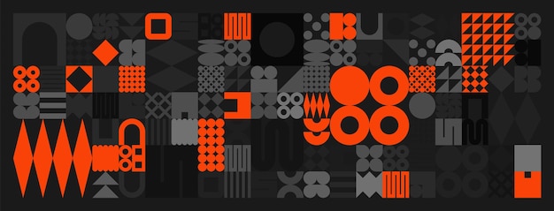 brutalist geometric shapes gray and orange symbols simple primitive elements and forms retro design