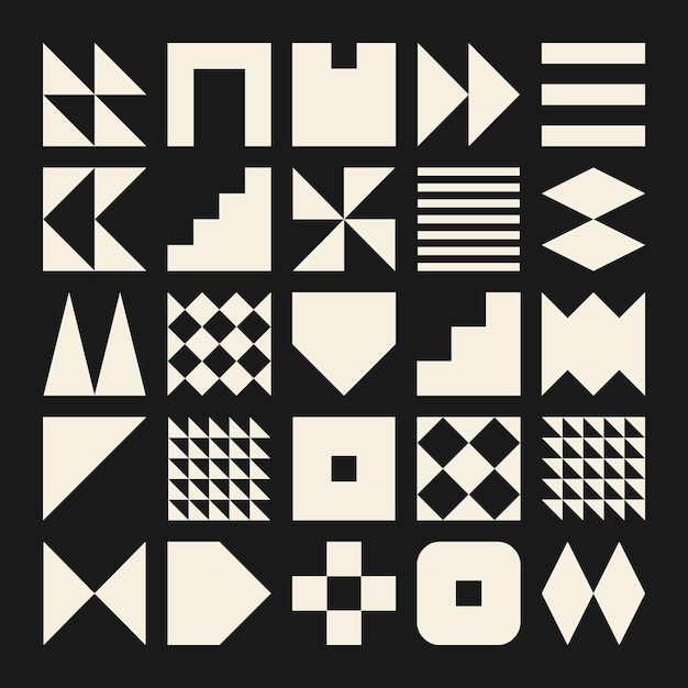 Brutalistické geometrické tvary, barevné symboly, jednoduché primitivní prvky a formy, retro design ve stylu Bauhaus