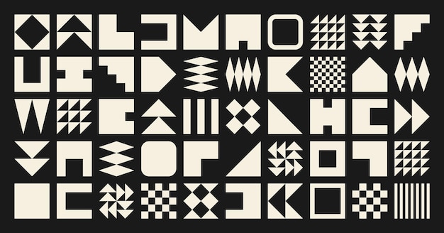 Brutalistické geometrické tvary, barevné symboly, jednoduché primitivní prvky a formy, retro design ve stylu Bauhaus