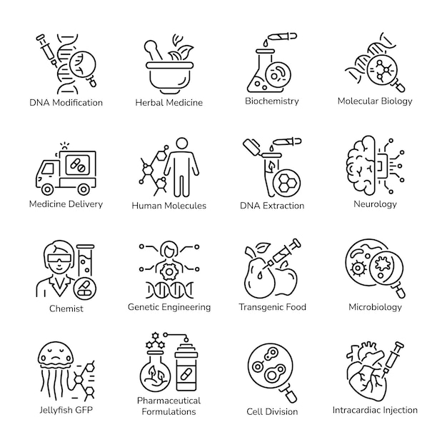 bundle of biotechnology and science linear icons