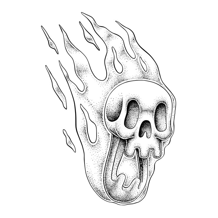 Vektor burning skull illustration black and white