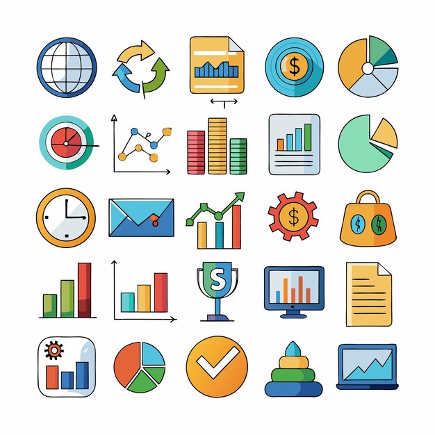 Business and Analytics Icons Comprehensive Set for Data Visualization and Financial Analysis