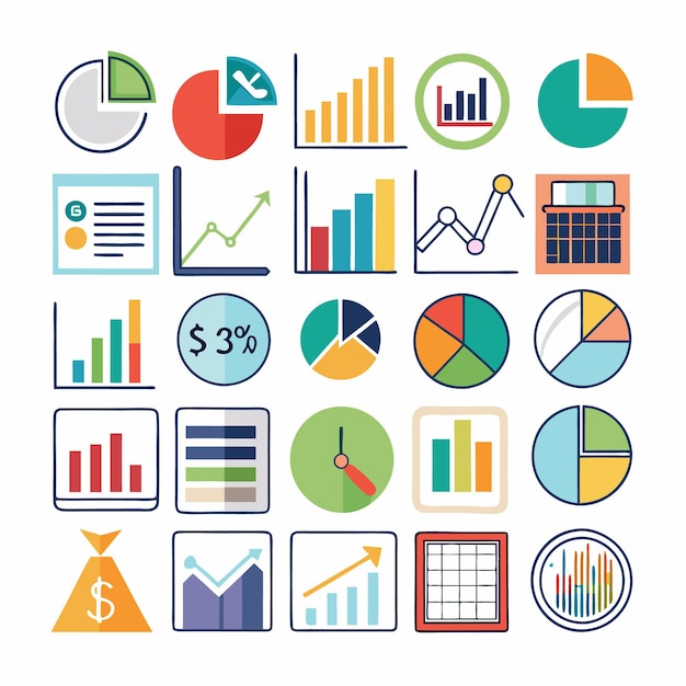 Business and Analytics Icons Comprehensive Set for Data Visualization and Financial Analysis